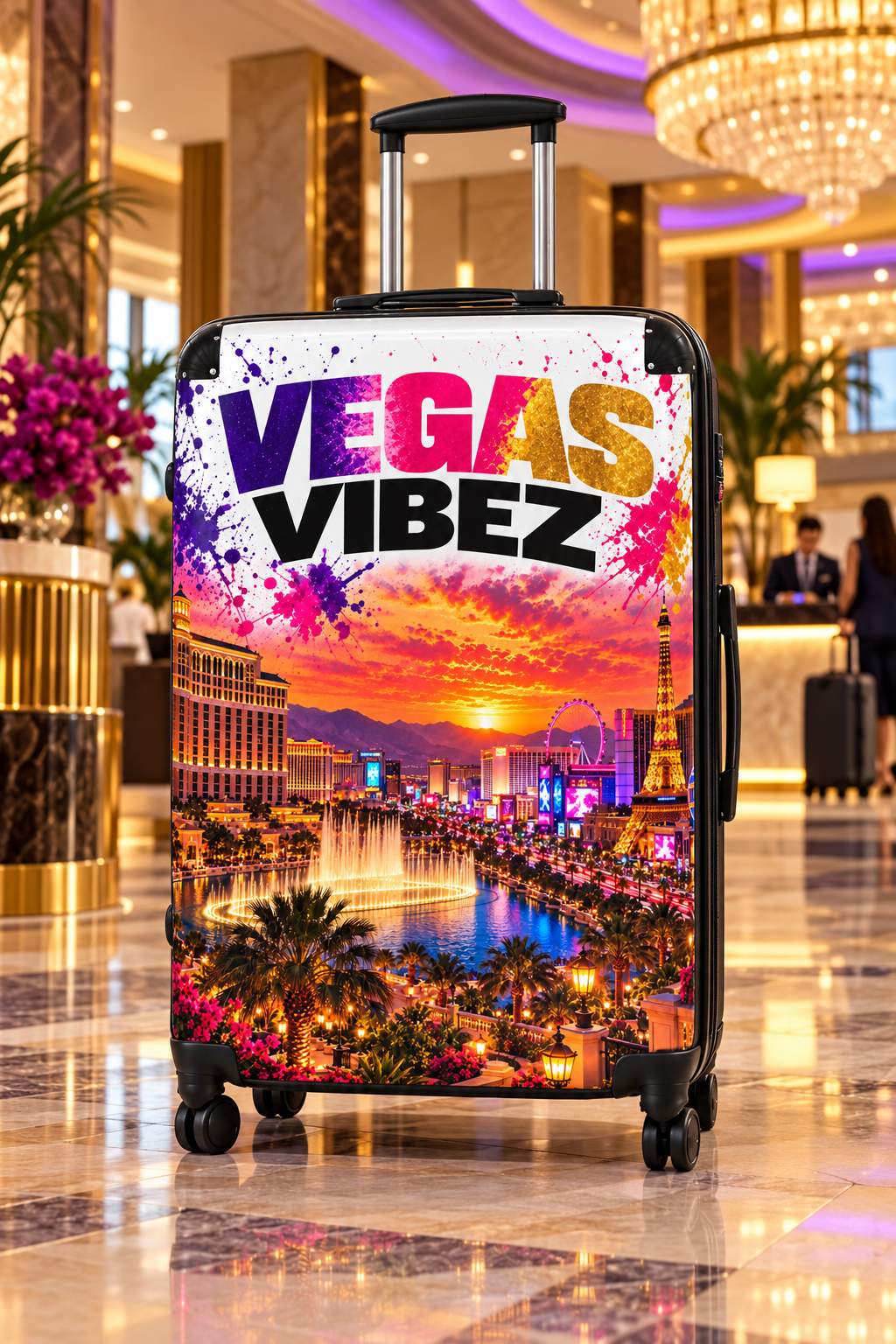 Vegas Vibez Suitcase | Las Vegas Skyline Luggage with Sunset Graphic