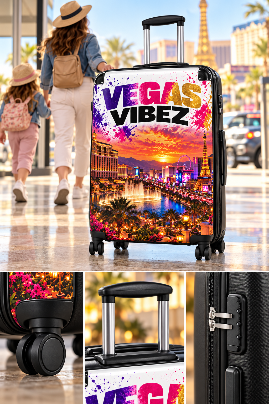 Vegas Vibez Suitcase | Las Vegas Skyline Luggage with Sunset Graphic