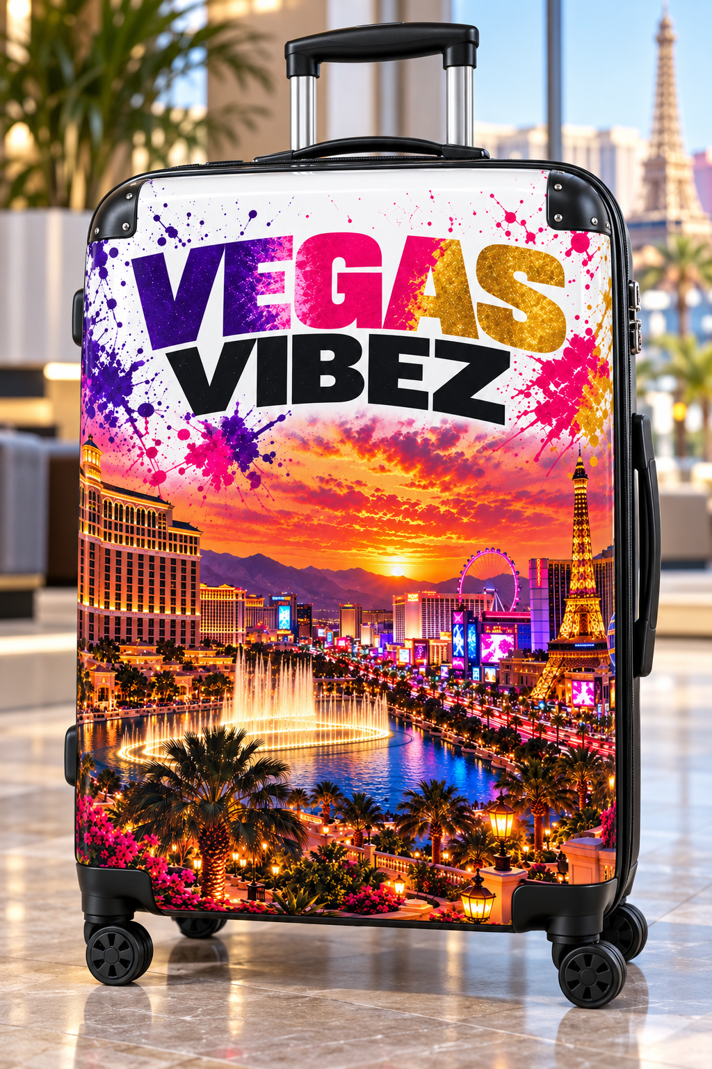 Vegas Vibez Suitcase | Las Vegas Skyline Luggage with Sunset Graphic