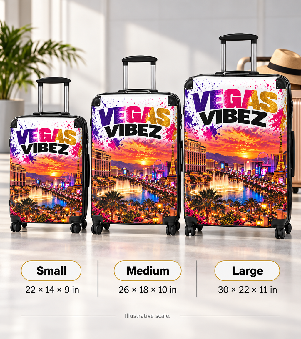 Vegas Vibez Suitcase | Las Vegas Skyline Luggage with Sunset Graphic
