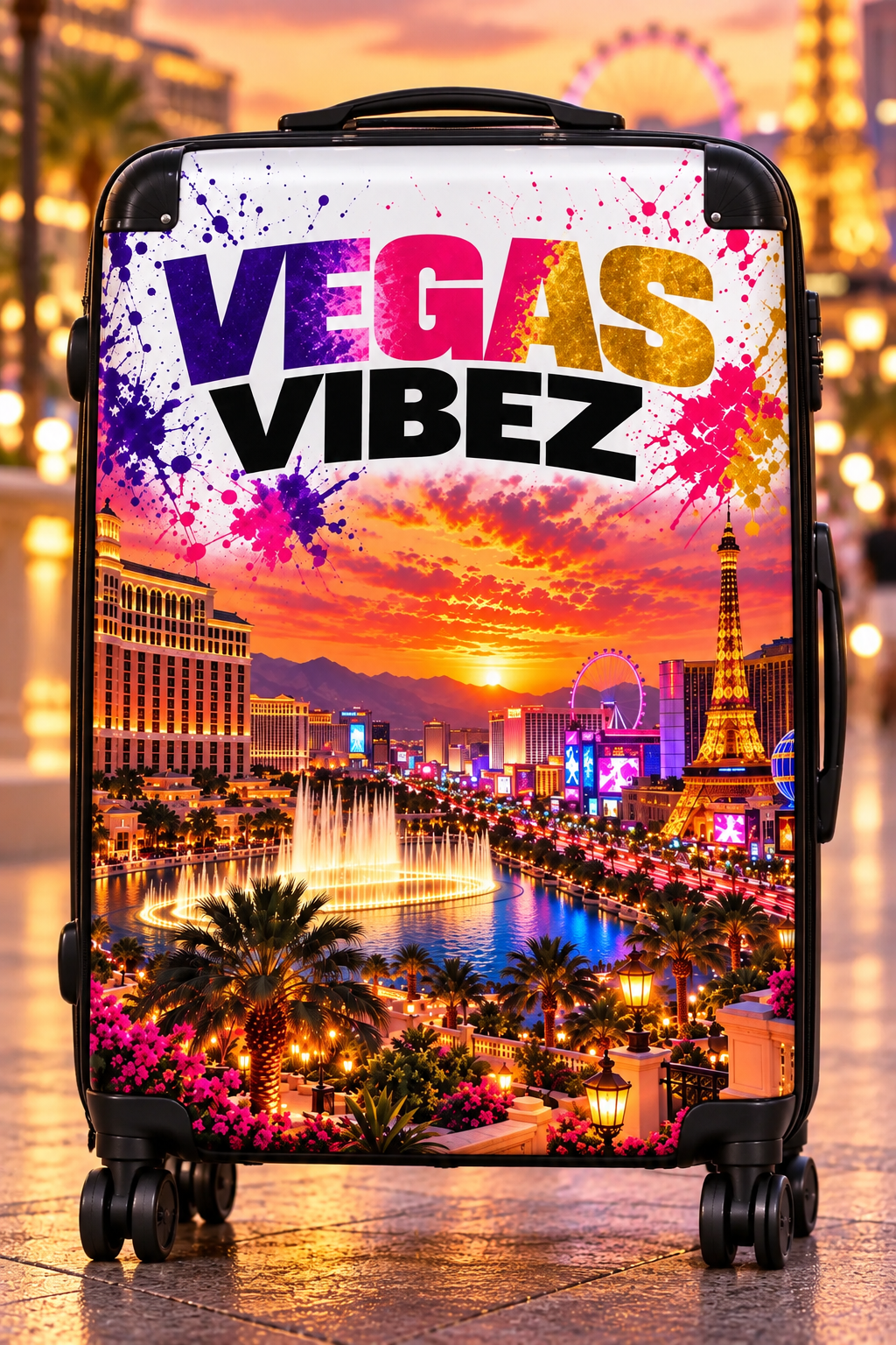 Vegas Vibez Suitcase | Las Vegas Skyline Luggage with Sunset Graphic