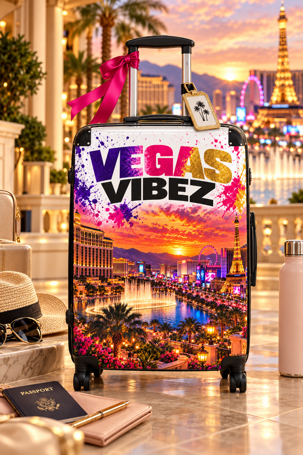Vegas Vibez Suitcase | Las Vegas Skyline Luggage with Sunset Graphic
