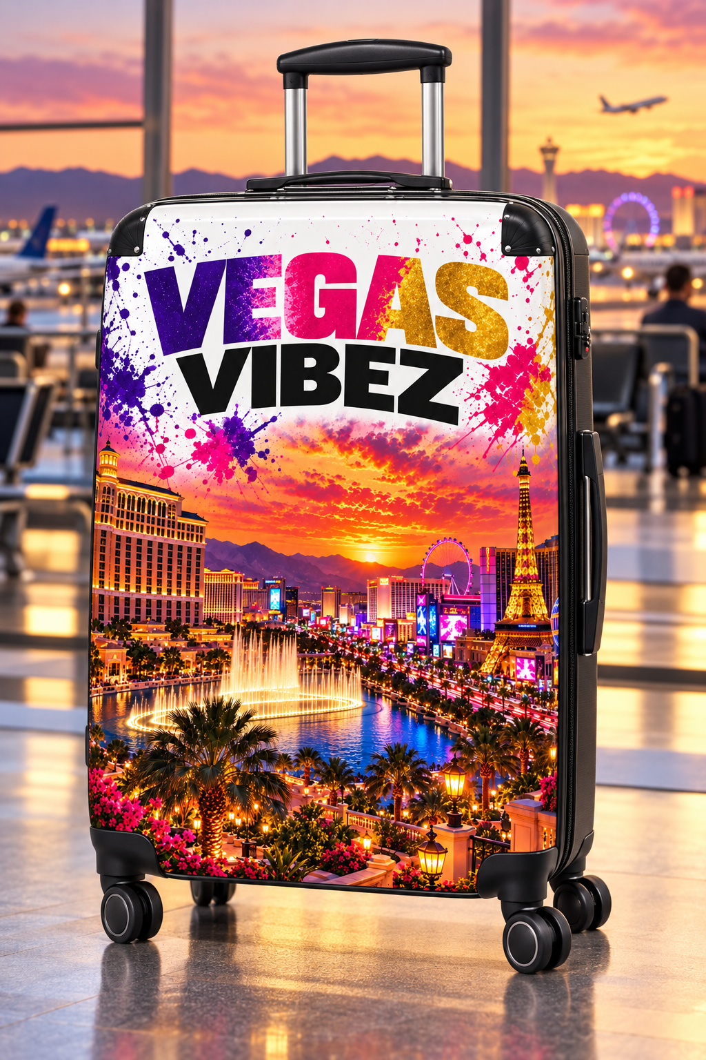 Vegas Vibez Suitcase | Las Vegas Skyline Luggage with Sunset Graphic