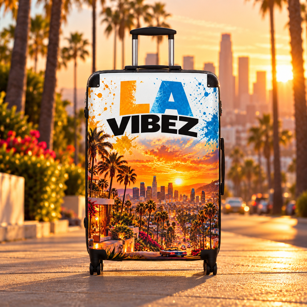 LA Vibez Sunset Palm Tree Suitcase | Los Angeles Skyline Travel Luggage