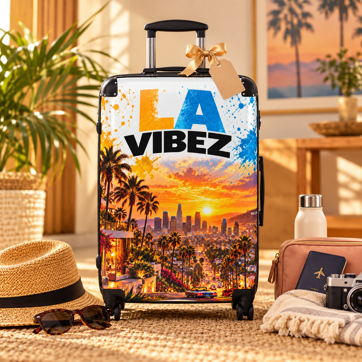 LA Vibez Sunset Palm Tree Suitcase | Los Angeles Skyline Travel Luggage