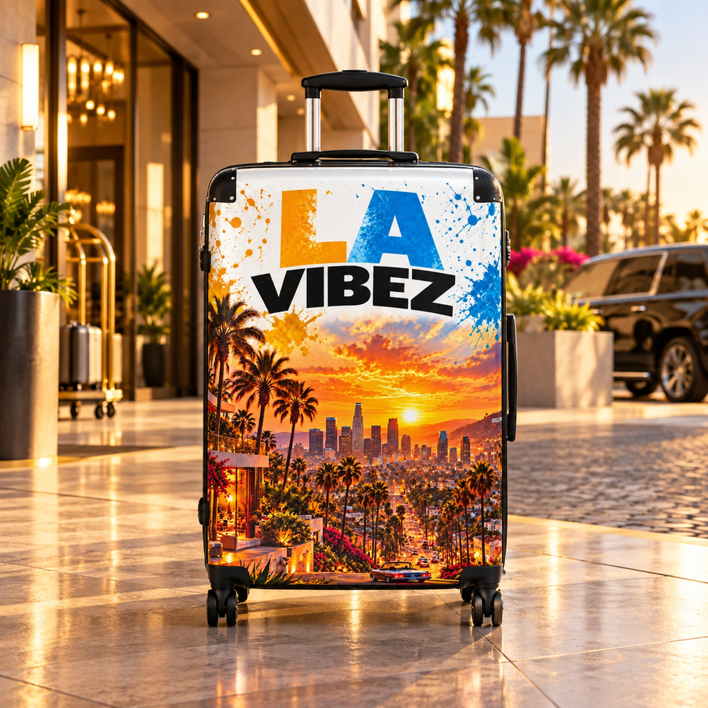 LA Vibez Sunset Palm Tree Suitcase | Los Angeles Skyline Travel Luggage