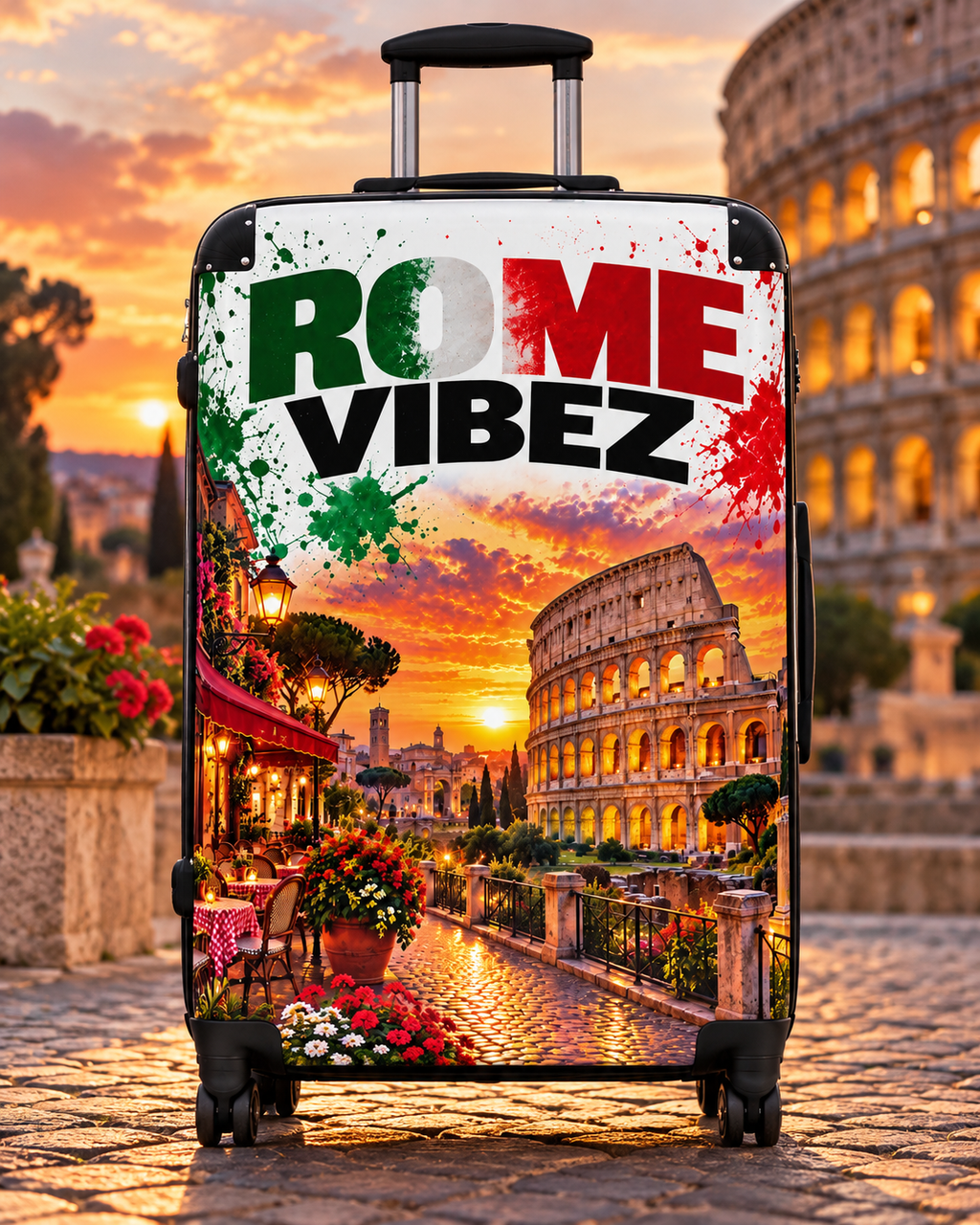 Rome Vibez Suitcase | Italian Flag Colosseum Sunset Travel Luggage