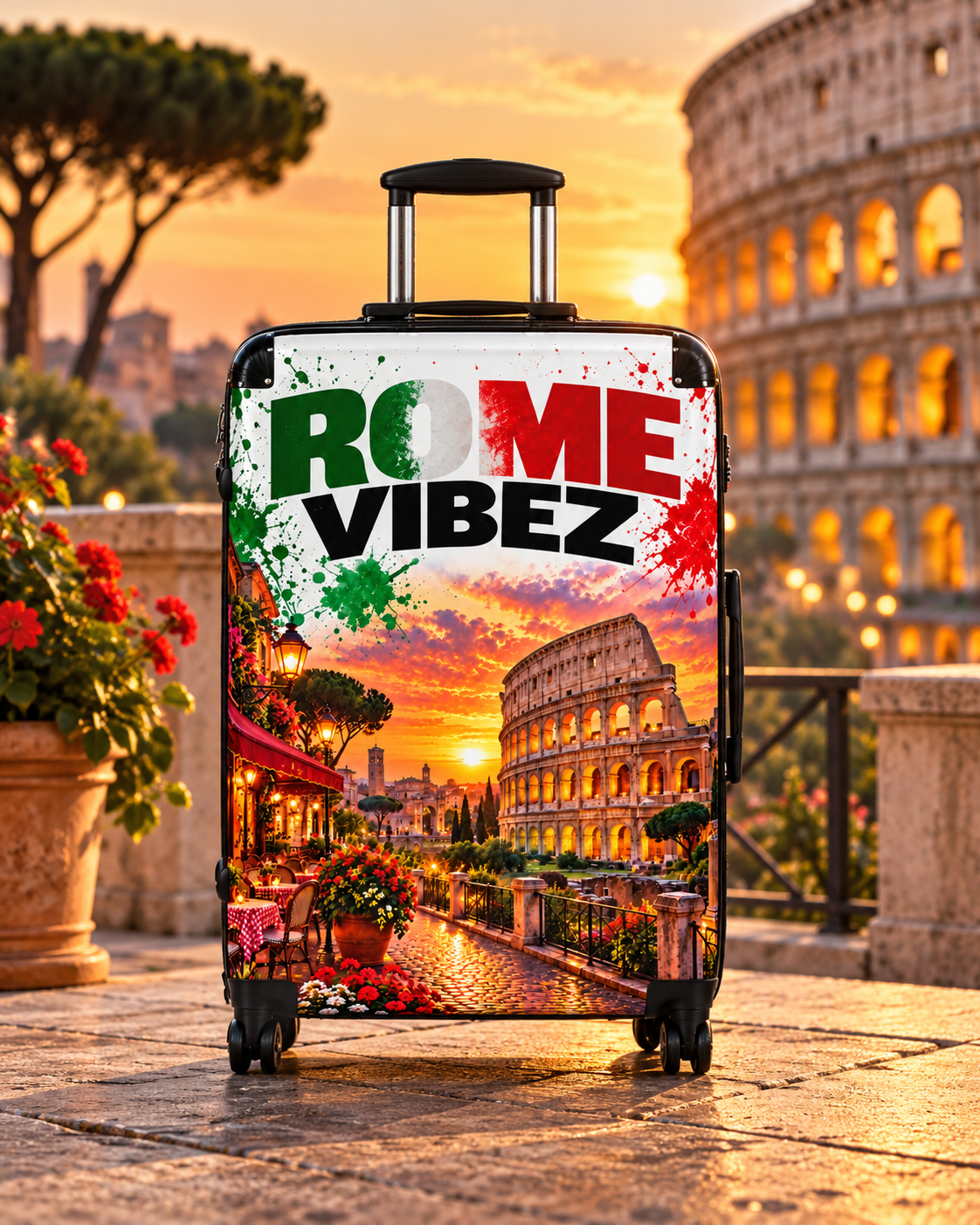 Rome Vibez Suitcase | Italian Flag Colosseum Sunset Travel Luggage