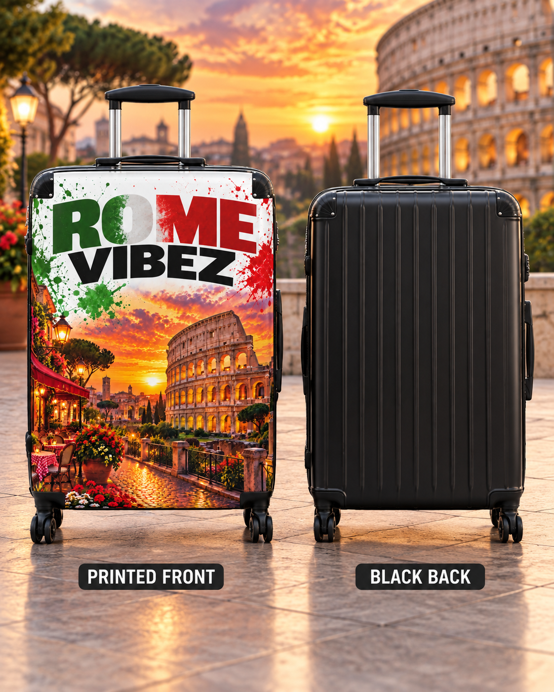 Rome Vibez Suitcase | Italian Flag Colosseum Sunset Travel Luggage