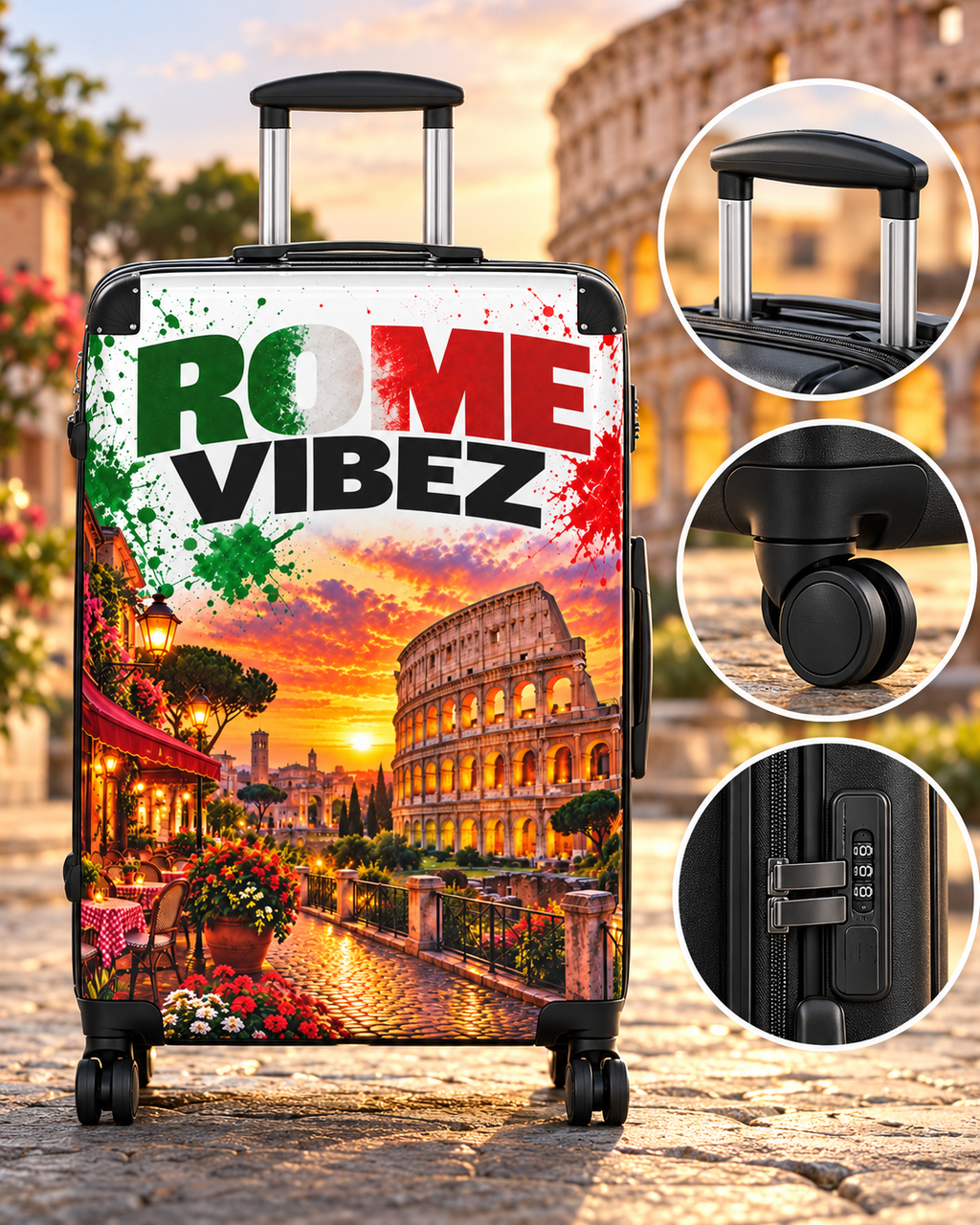 Rome Vibez Suitcase | Italian Flag Colosseum Sunset Travel Luggage