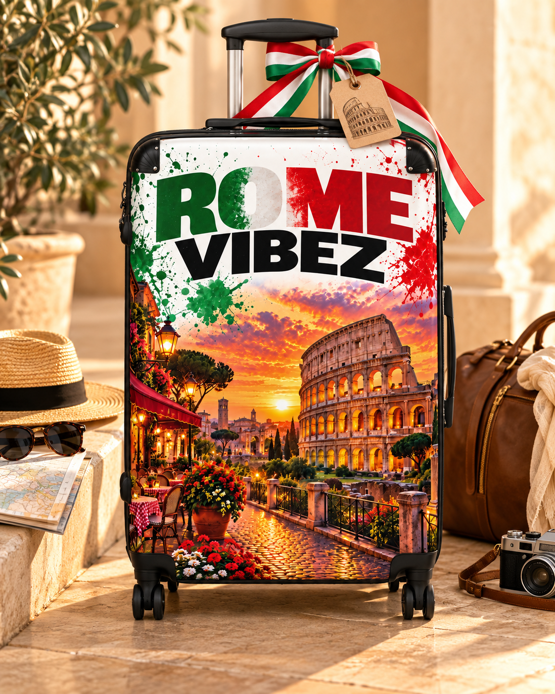 Rome Vibez Suitcase | Italian Flag Colosseum Sunset Travel Luggage