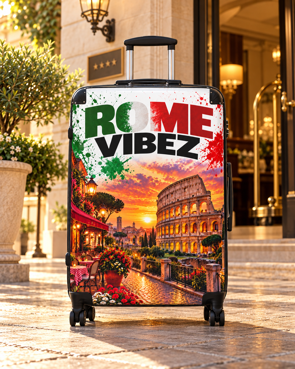 Rome Vibez Suitcase | Italian Flag Colosseum Sunset Travel Luggage