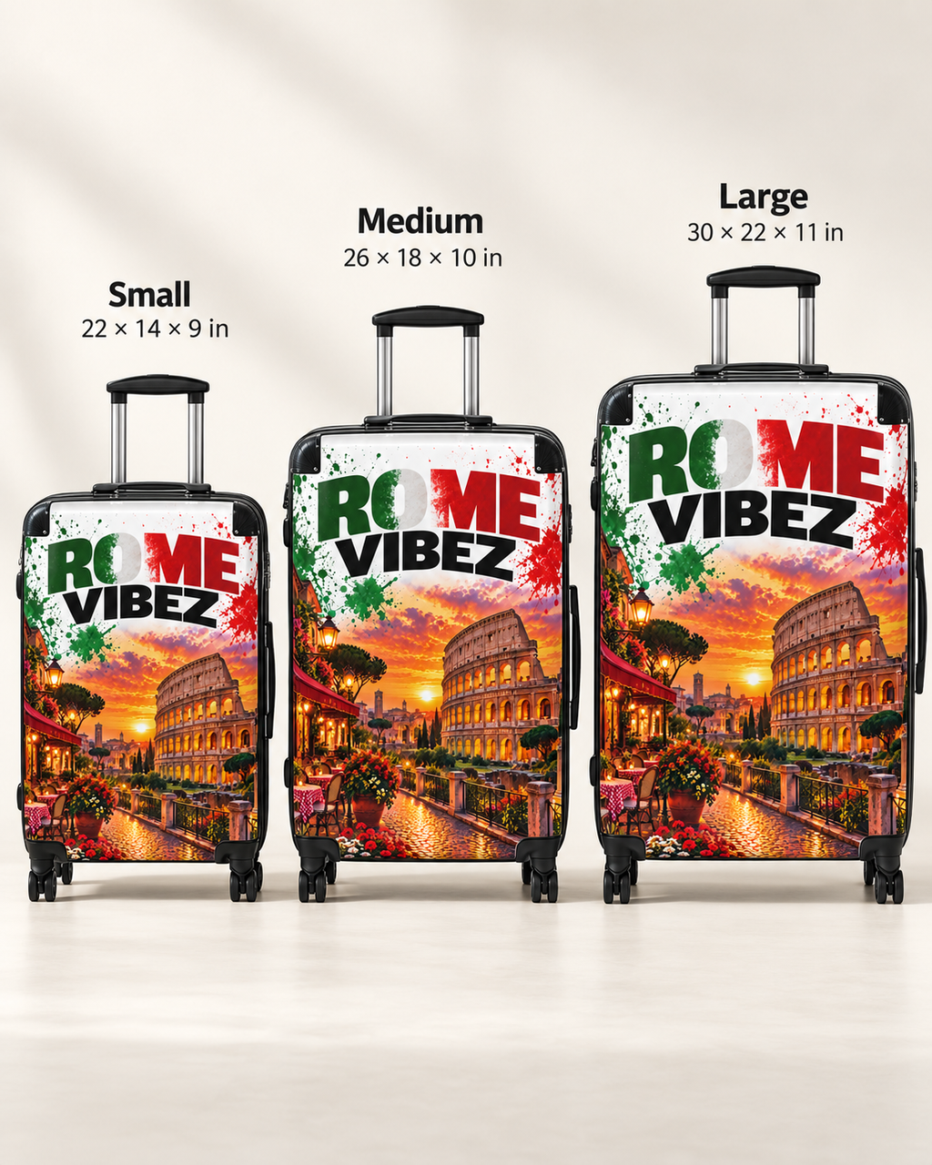 Rome Vibez Suitcase | Italian Flag Colosseum Sunset Travel Luggage