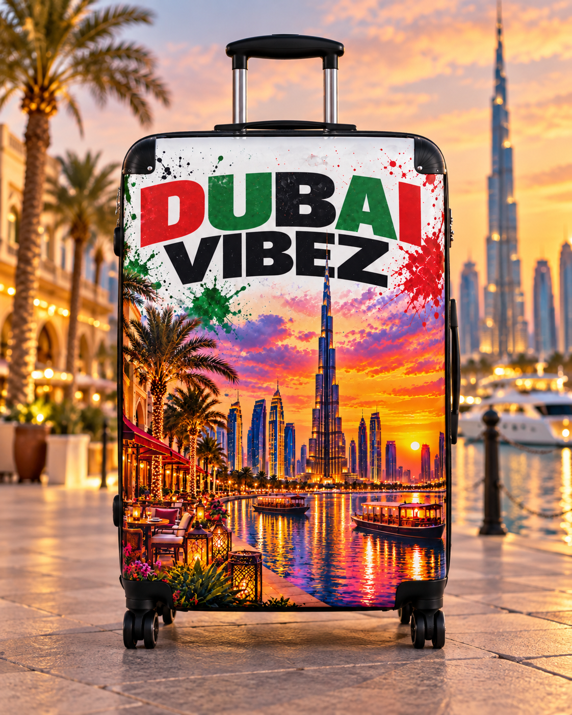 Dubai Vibez Suitcase | Dubai Skyline Luggage Cover, Palm Trees Sunset