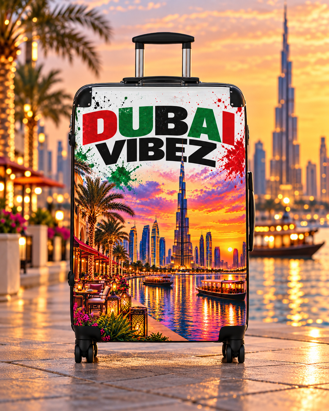 Dubai Vibez Suitcase | Dubai Skyline Luggage Cover, Palm Trees Sunset