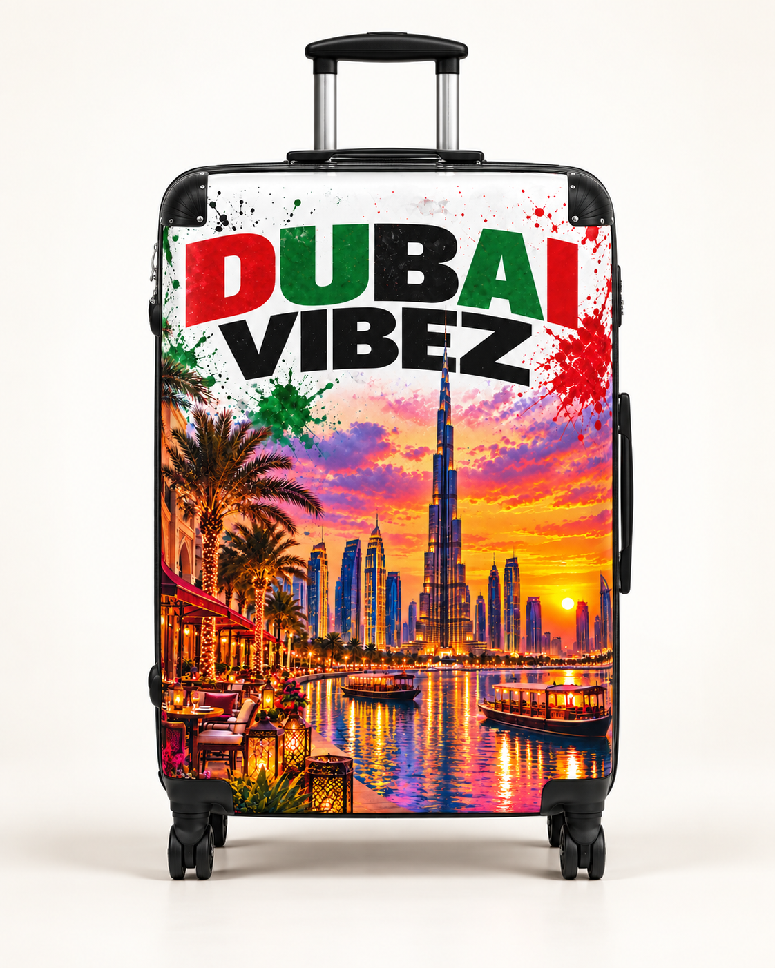 Dubai Vibez Suitcase | Dubai Skyline Luggage Cover, Palm Trees Sunset