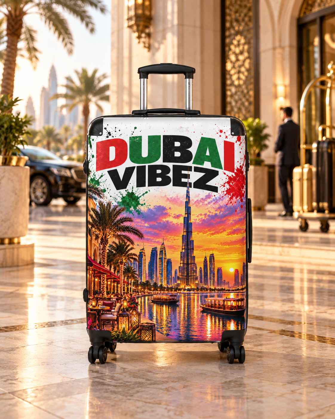 Dubai Vibez Suitcase | Dubai Skyline Luggage Cover, Palm Trees Sunset