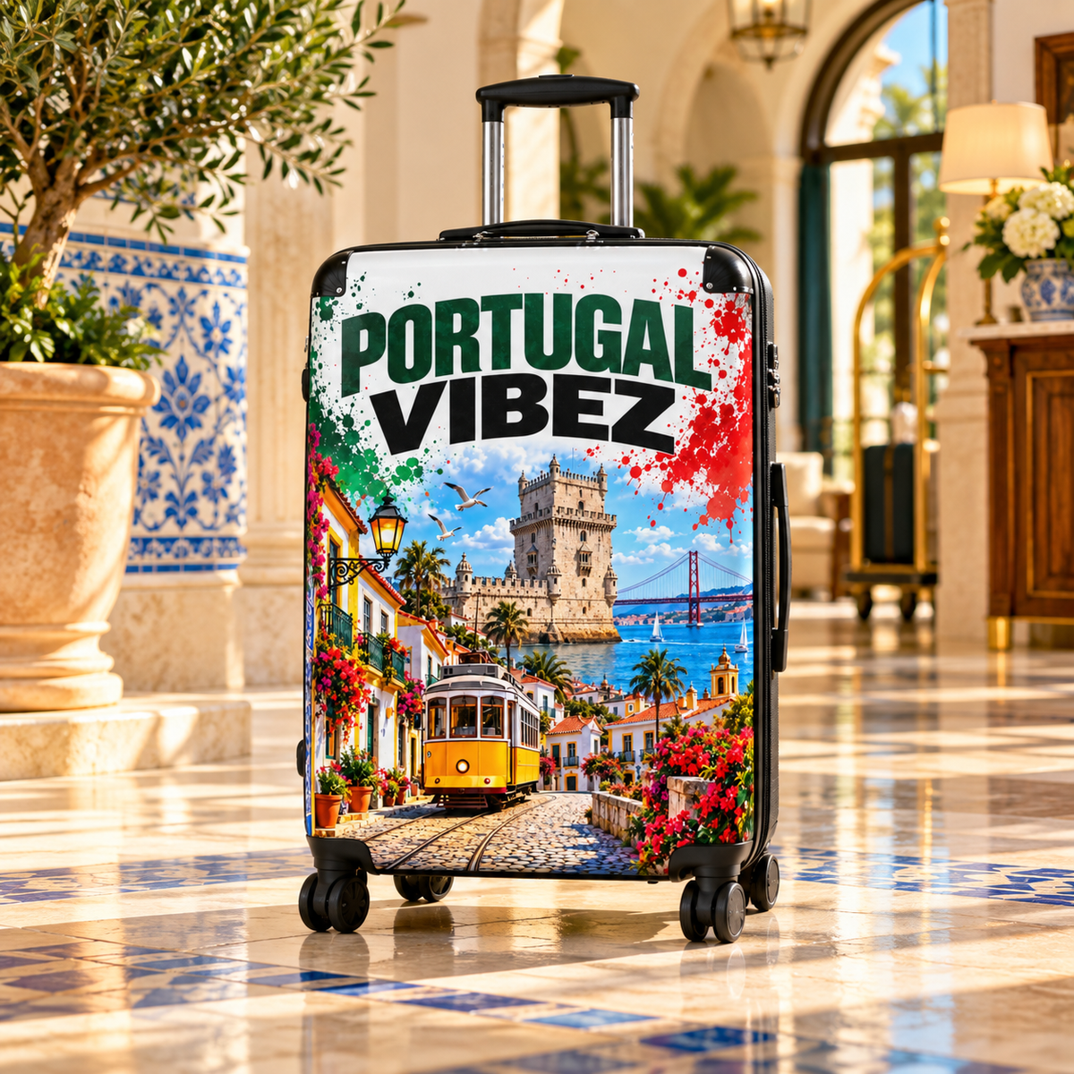 Portugal Vibez Suitcase | Lisbon Tram, Belem Tower Travel Luggage