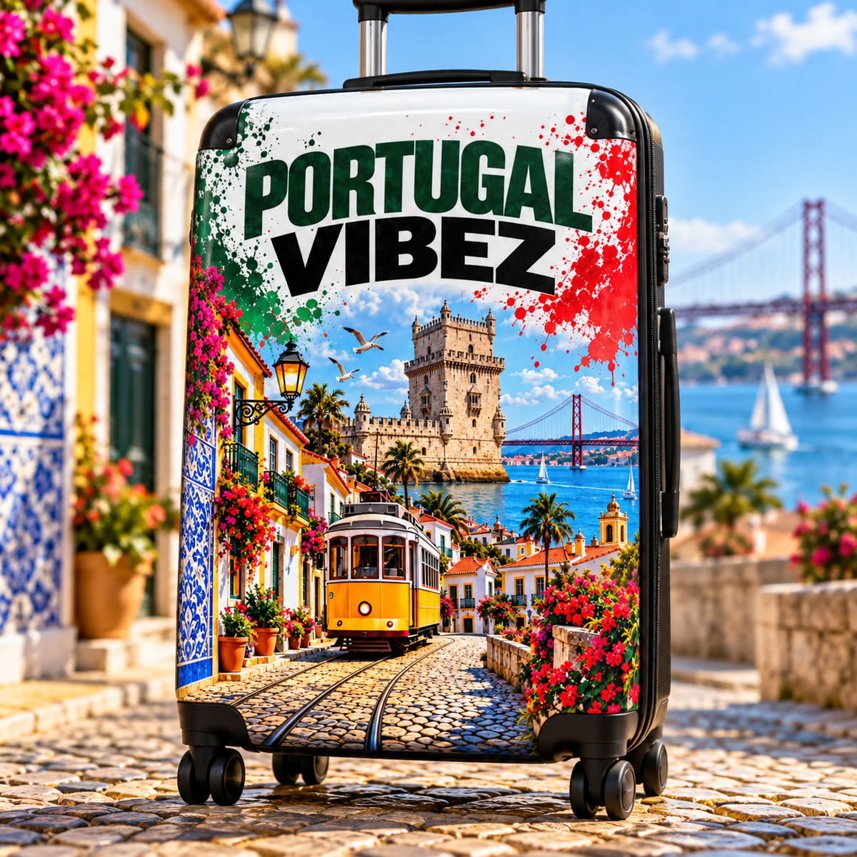 Portugal Vibez Suitcase | Lisbon Tram, Belem Tower Travel Luggage