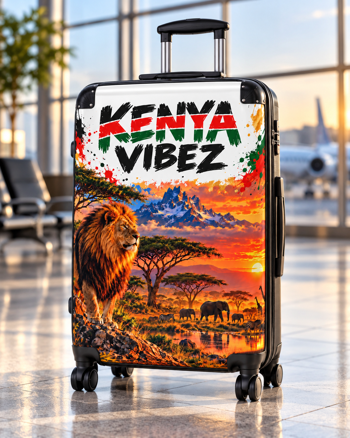 Kenya Vibez Suitcase | African Safari Lion Sunset Print