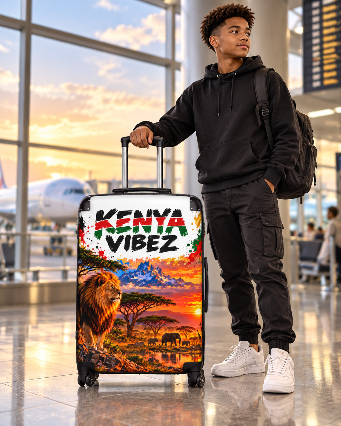 Kenya Vibez Suitcase | African Safari Lion Sunset Print