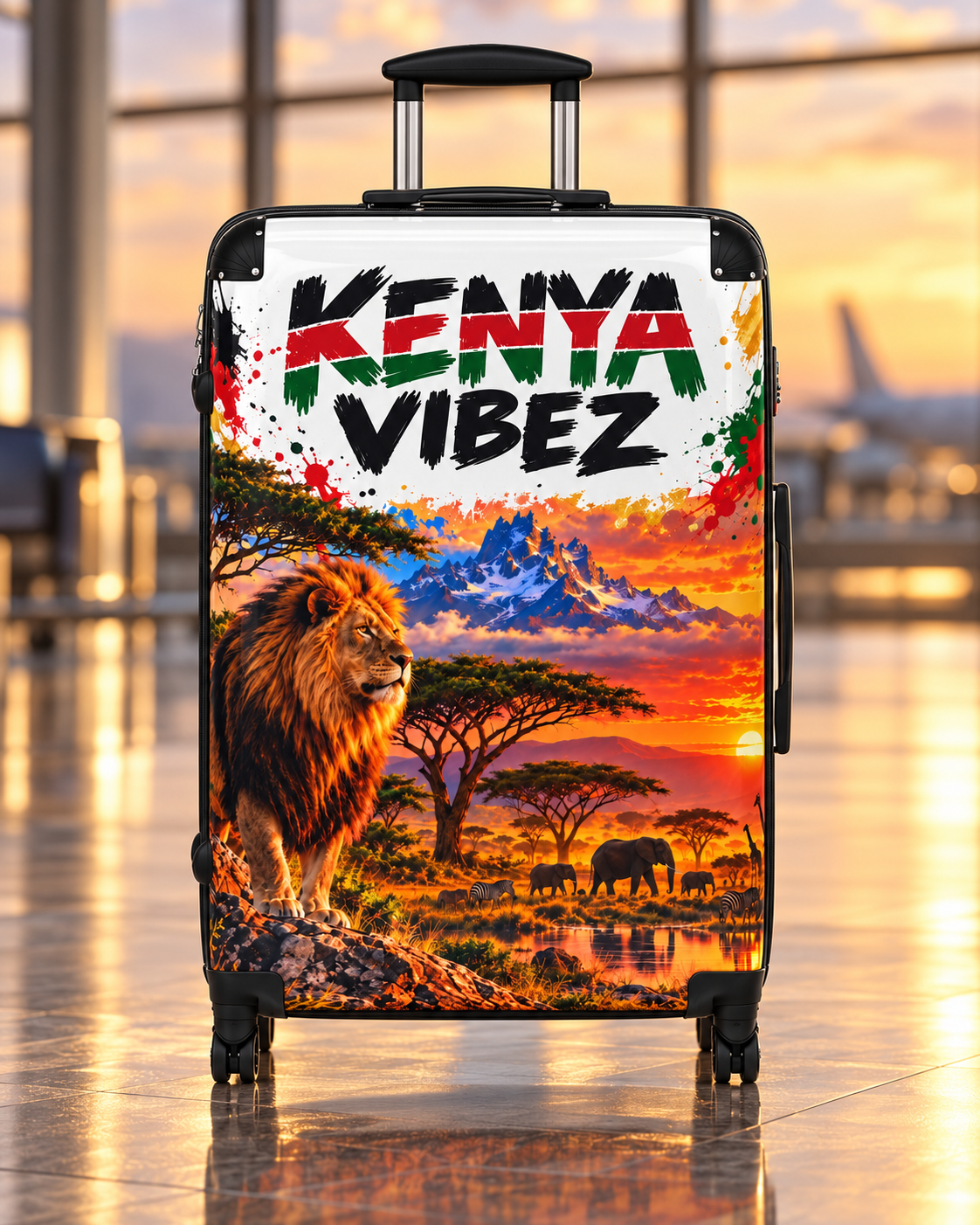 Kenya Vibez Suitcase | African Safari Lion Sunset Print