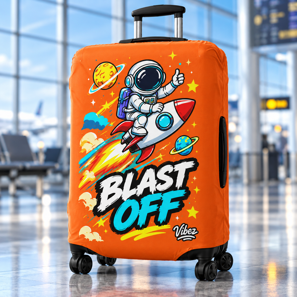 Astronaut Rocket Blast Off Luggage Cover | Orange Space Travel