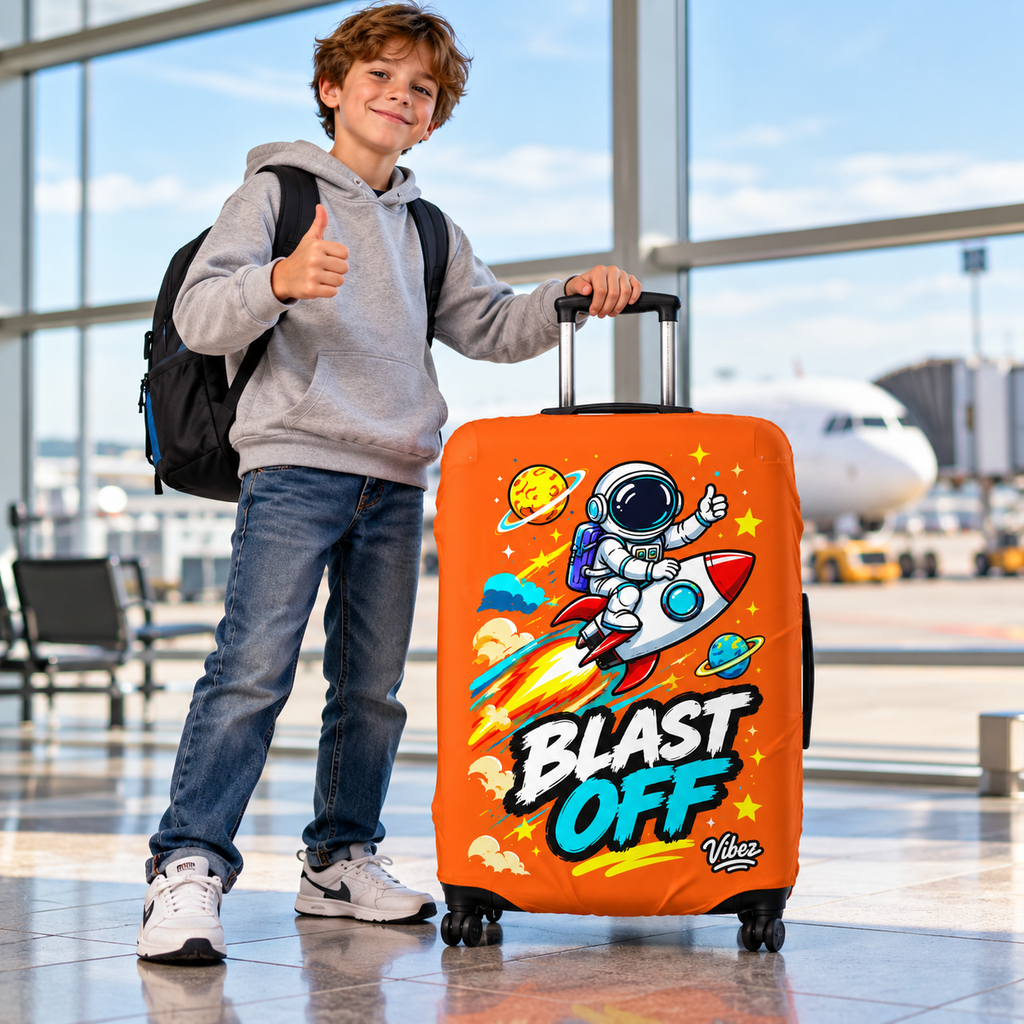 Astronaut Rocket Blast Off Luggage Cover | Orange Space Travel