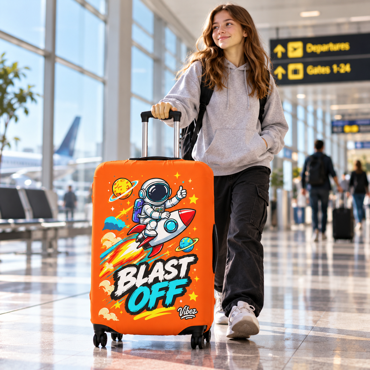 Astronaut Rocket Blast Off Luggage Cover | Orange Space Travel