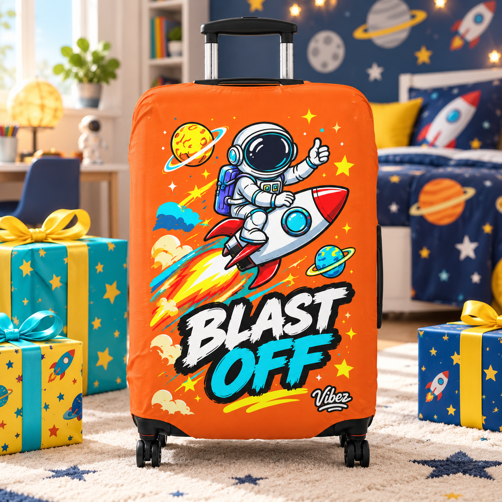 Astronaut Rocket Blast Off Luggage Cover | Orange Space Travel