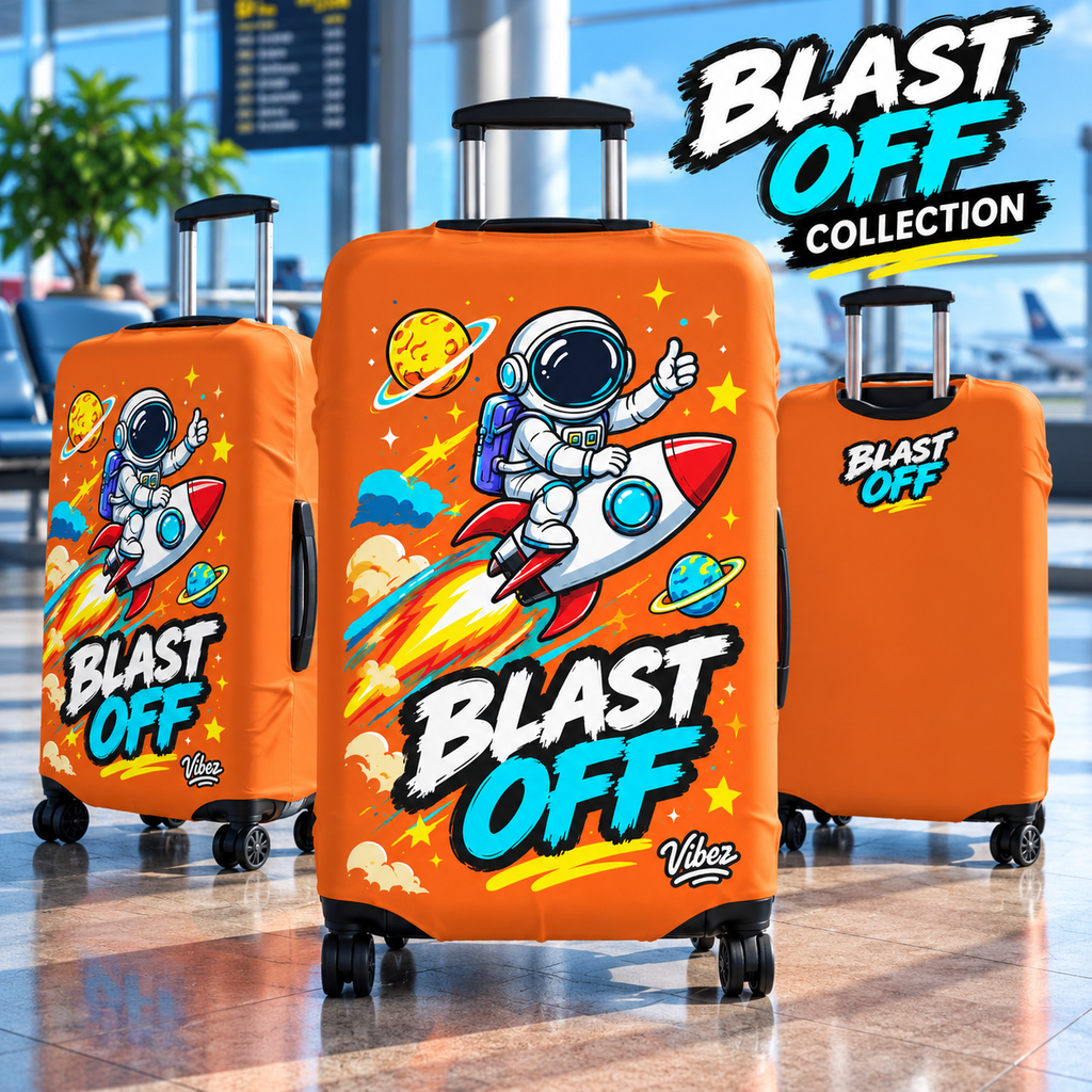 Astronaut Rocket Blast Off Luggage Cover | Orange Space Travel