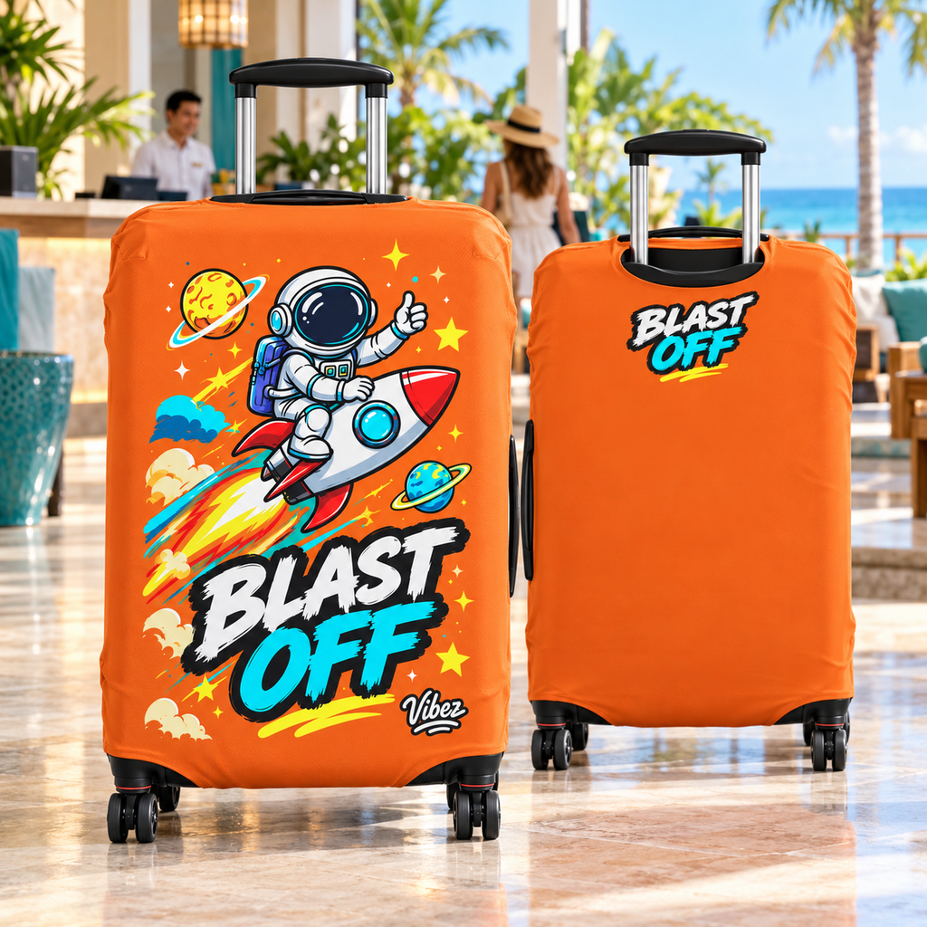 Astronaut Rocket Blast Off Luggage Cover | Orange Space Travel