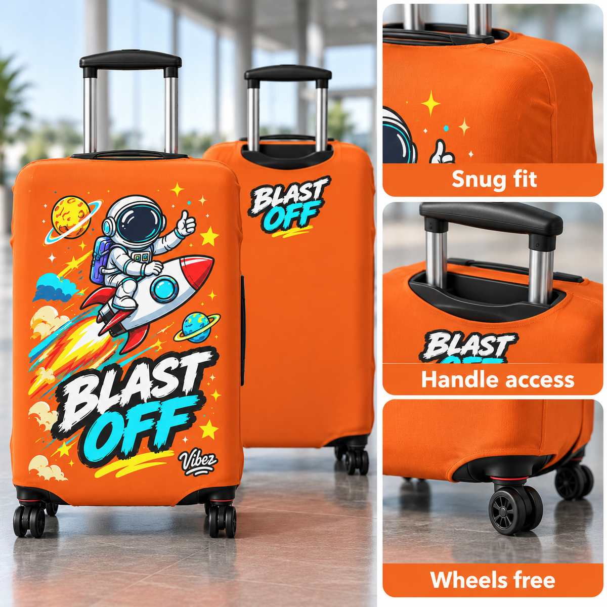 Astronaut Rocket Blast Off Luggage Cover | Orange Space Travel