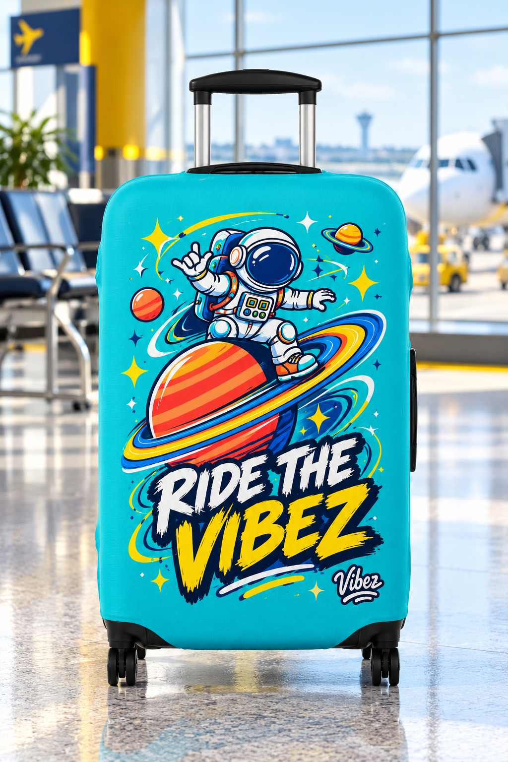 Astronaut on Saturn Ride the Vibez Luggage Cover | Space Travel Suitcase Protector