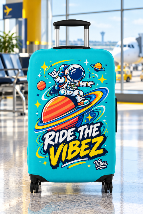 Astronaut on Saturn Ride the Vibez Luggage Cover | Space Travel Suitcase Protector