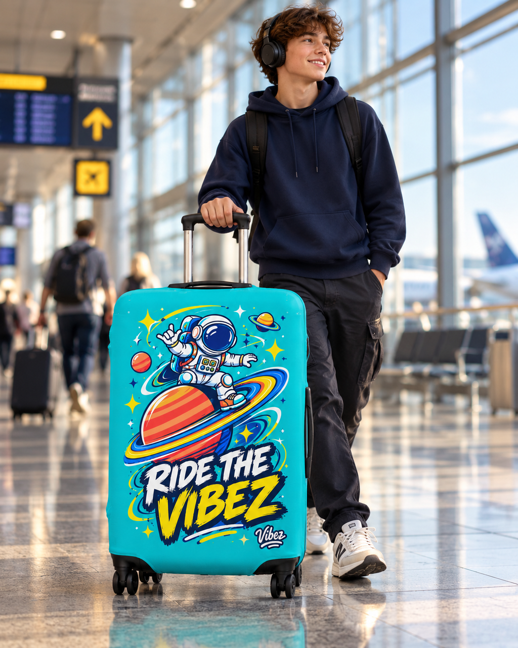 Astronaut on Saturn Ride the Vibez Luggage Cover | Space Travel Suitcase Protector