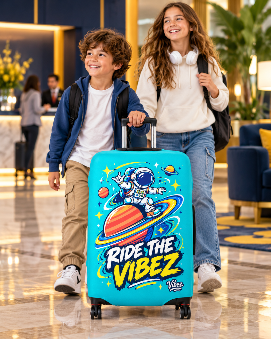 Astronaut on Saturn Ride the Vibez Luggage Cover | Space Travel Suitcase Protector