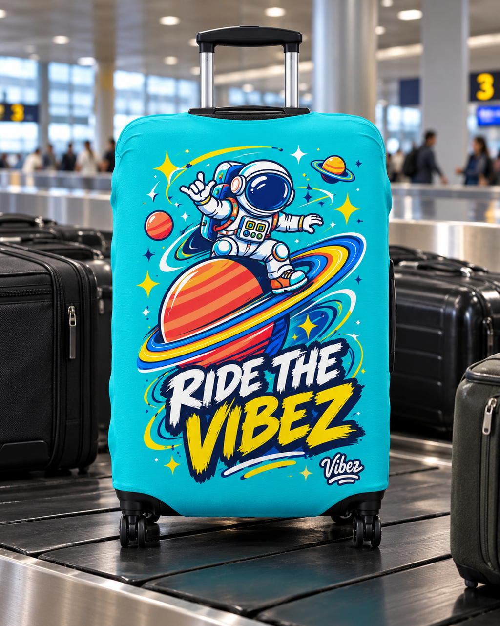 Astronaut on Saturn Ride the Vibez Luggage Cover | Space Travel Suitcase Protector