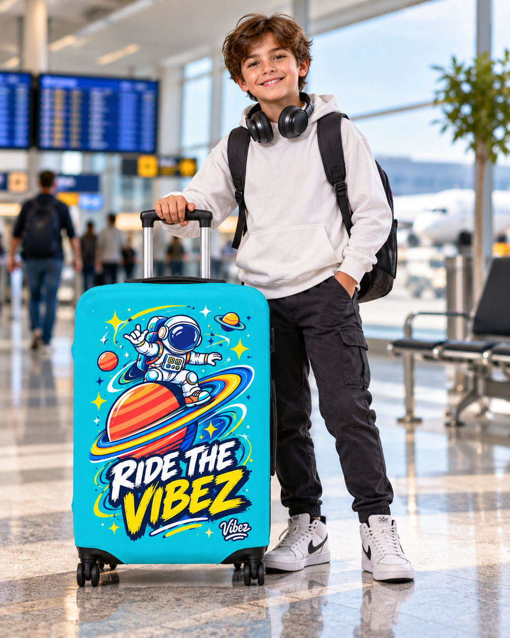 Astronaut on Saturn Ride the Vibez Luggage Cover | Space Travel Suitcase Protector