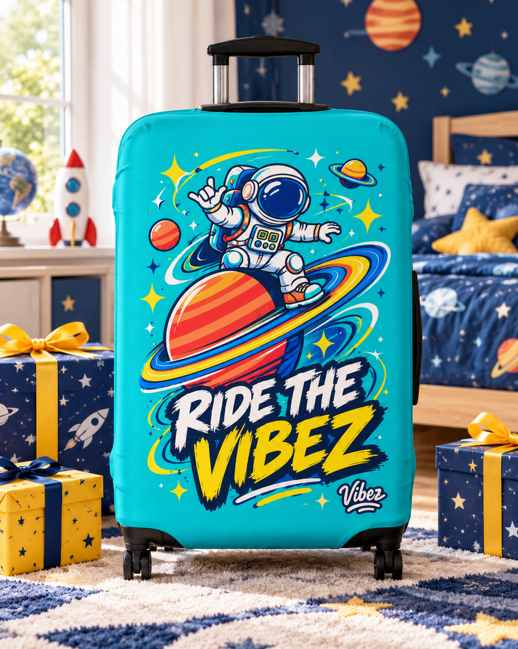Astronaut on Saturn Ride the Vibez Luggage Cover | Space Travel Suitcase Protector