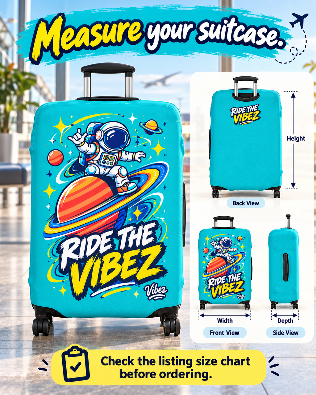Astronaut on Saturn Ride the Vibez Luggage Cover | Space Travel Suitcase Protector