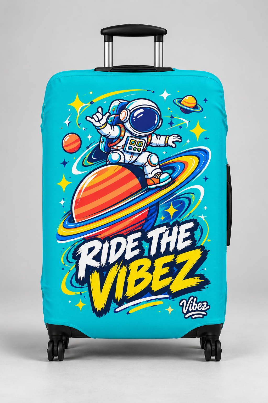 Astronaut on Saturn Ride the Vibez Luggage Cover | Space Travel Suitcase Protector
