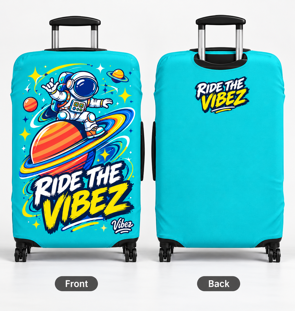 Astronaut on Saturn Ride the Vibez Luggage Cover | Space Travel Suitcase Protector
