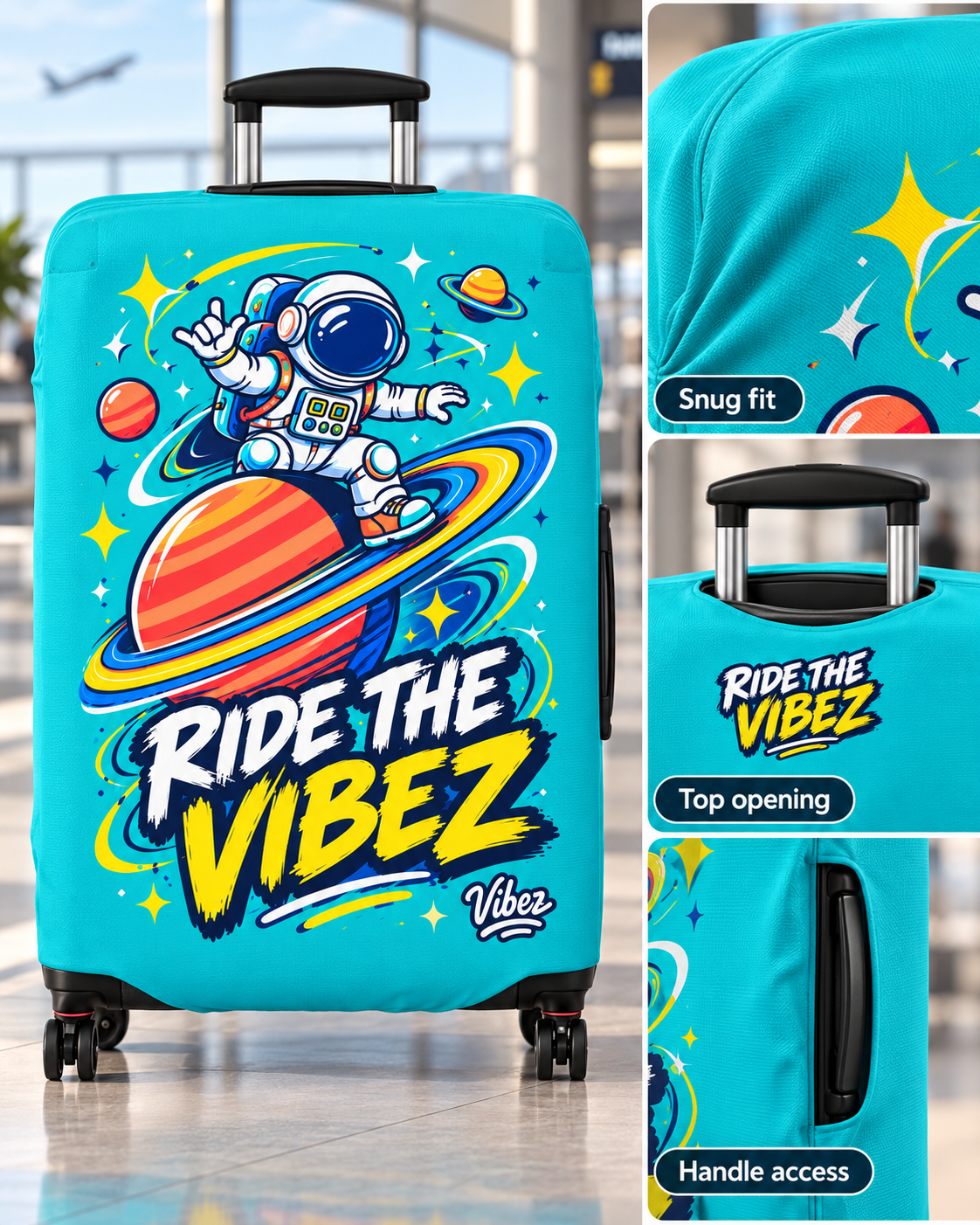 Astronaut on Saturn Ride the Vibez Luggage Cover | Space Travel Suitcase Protector