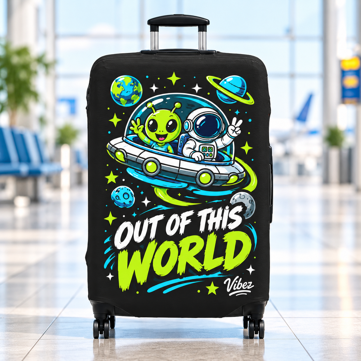 Out of This World Alien Astronaut Luggage Cover | Space Travel Suitcase Protector