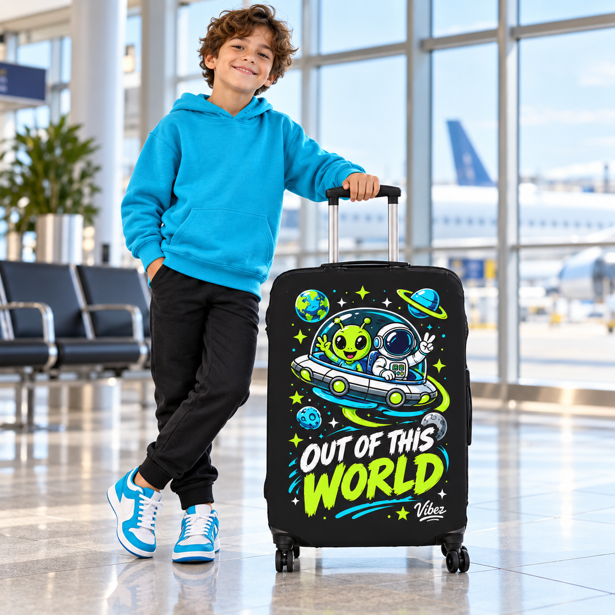 Out of This World Alien Astronaut Luggage Cover | Space Travel Suitcase Protector