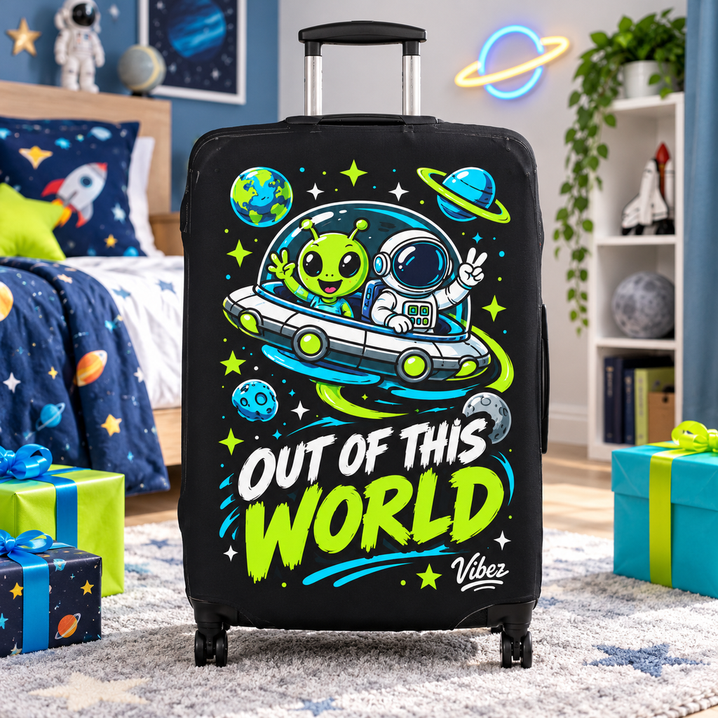 Out of This World Alien Astronaut Luggage Cover | Space Travel Suitcase Protector