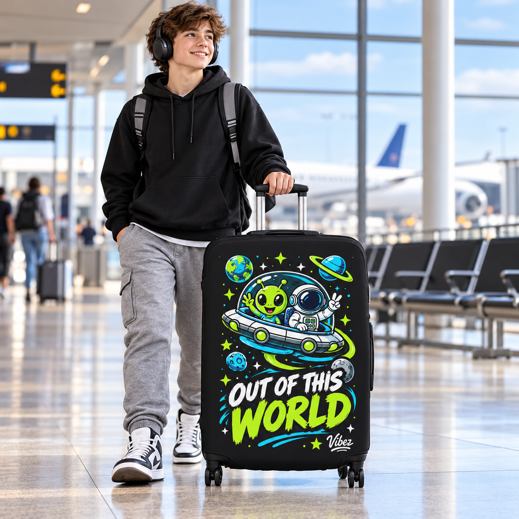 Out of This World Alien Astronaut Luggage Cover | Space Travel Suitcase Protector