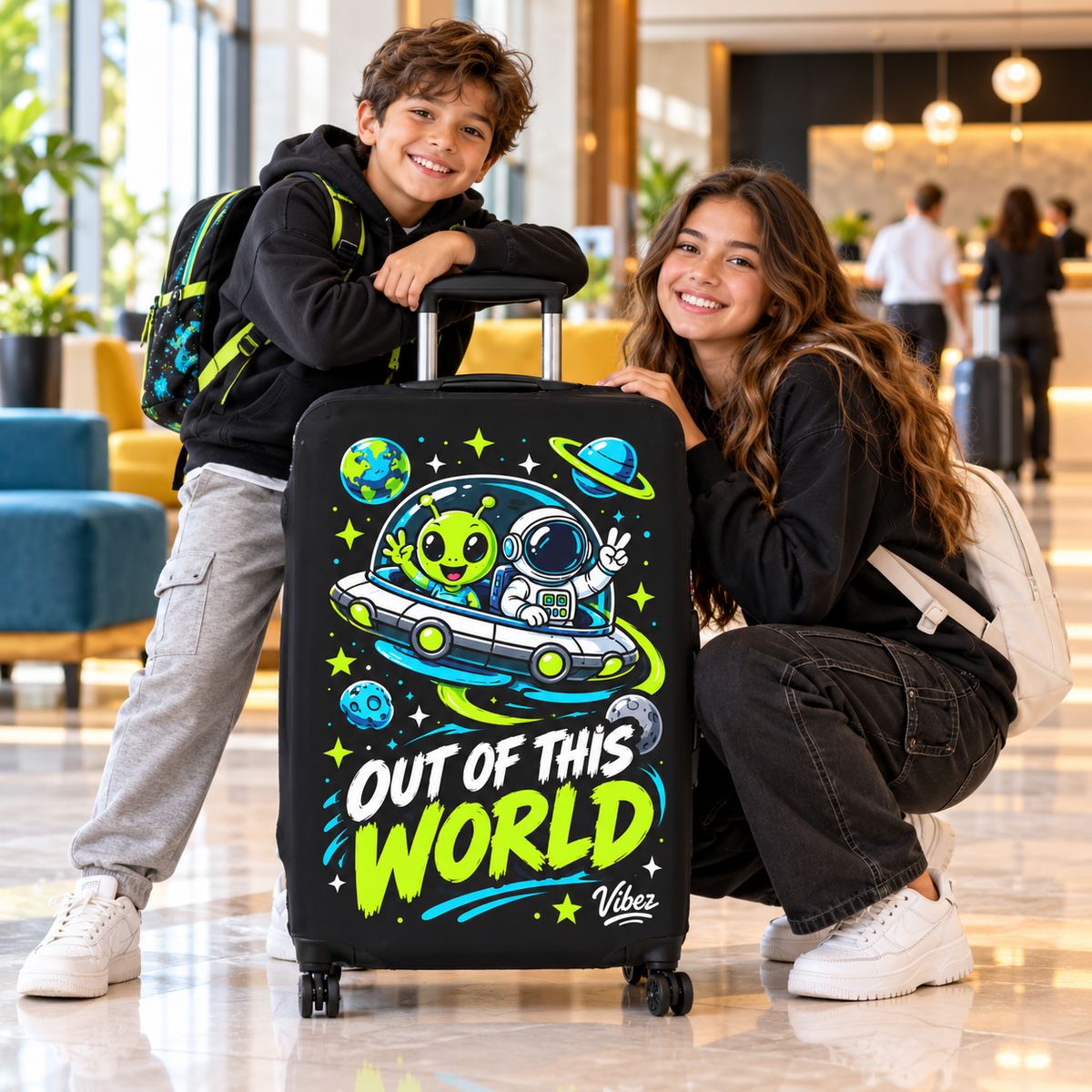 Out of This World Alien Astronaut Luggage Cover | Space Travel Suitcase Protector