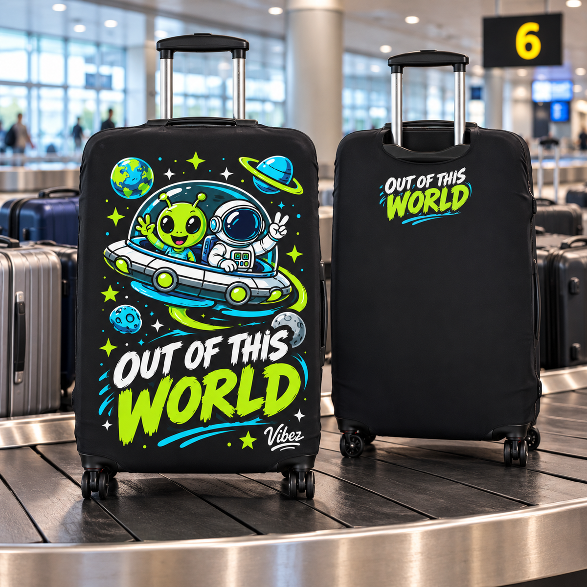 Out of This World Alien Astronaut Luggage Cover | Space Travel Suitcase Protector